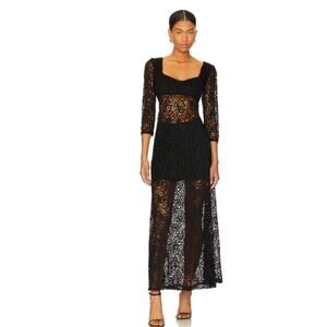 New Free People Adored Lace Maxi Dress $198 SMALL Black Sheer Semi Lined
